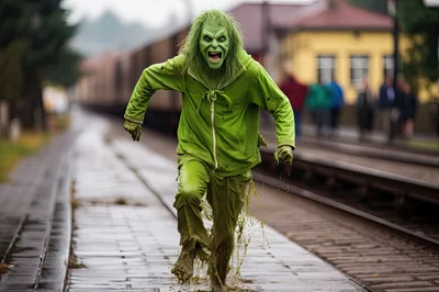 Green Monster Running Along Train Tracks