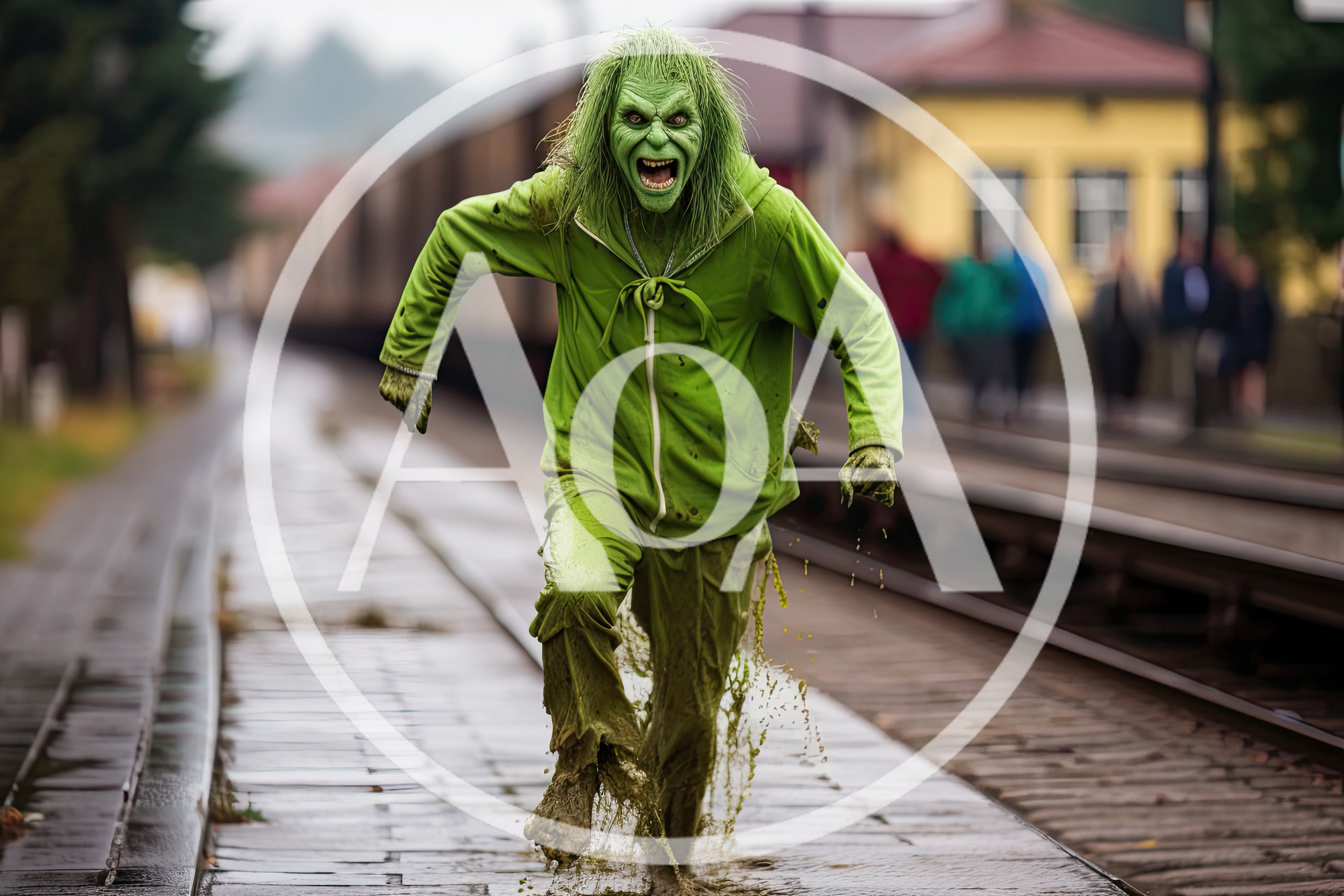 Green Monster Running Along Train Tracks