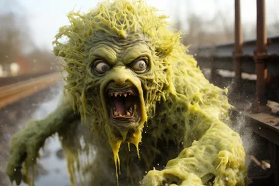 Aggressive Slime Monster Emerging On Industrial Train Tracks