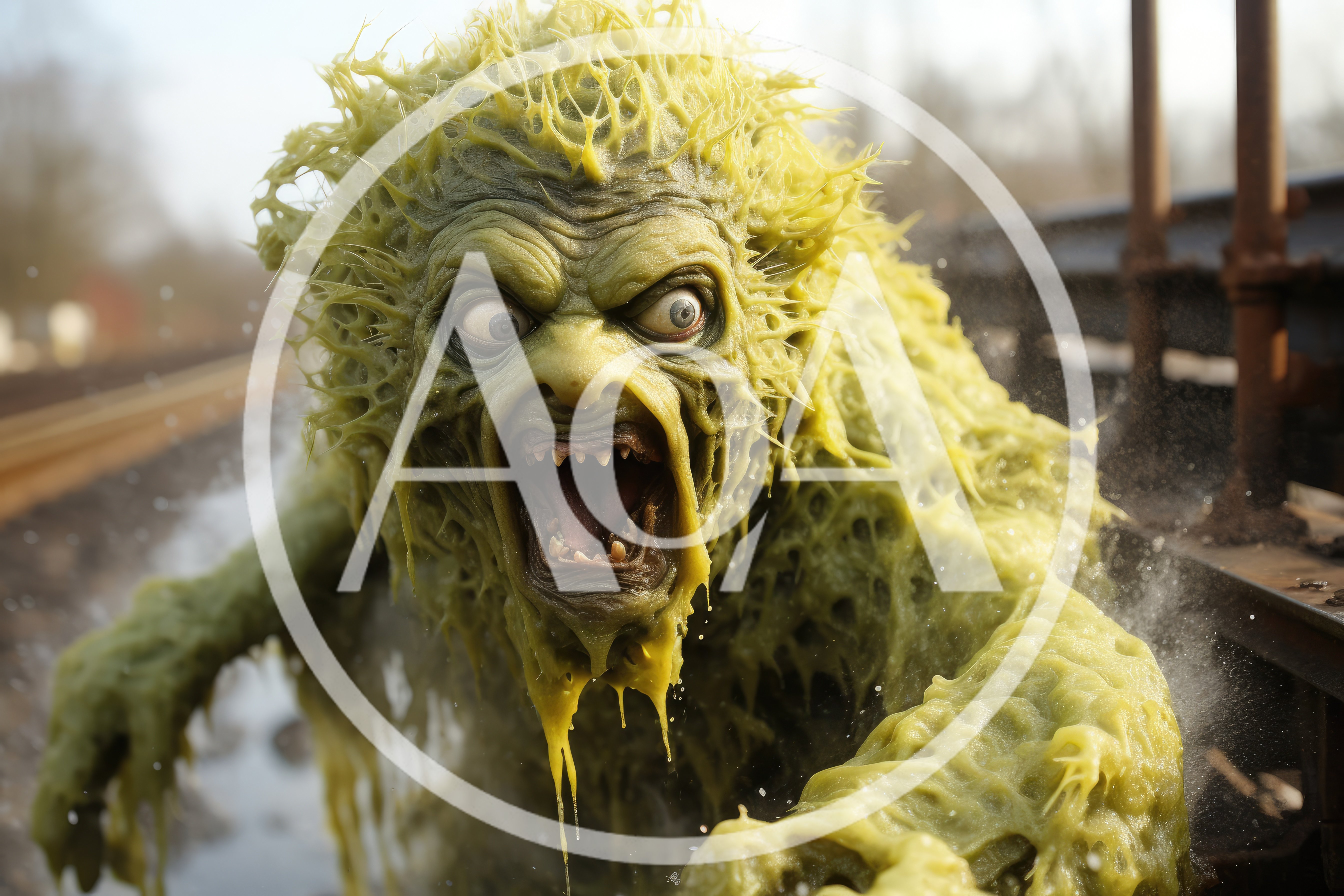 Aggressive Slime Monster Emerging On Industrial Train Tracks