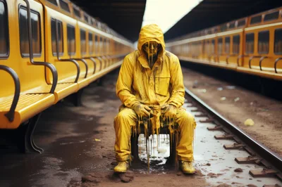 Person In Yellow Hazmat Suit Sitting On Train Tracks