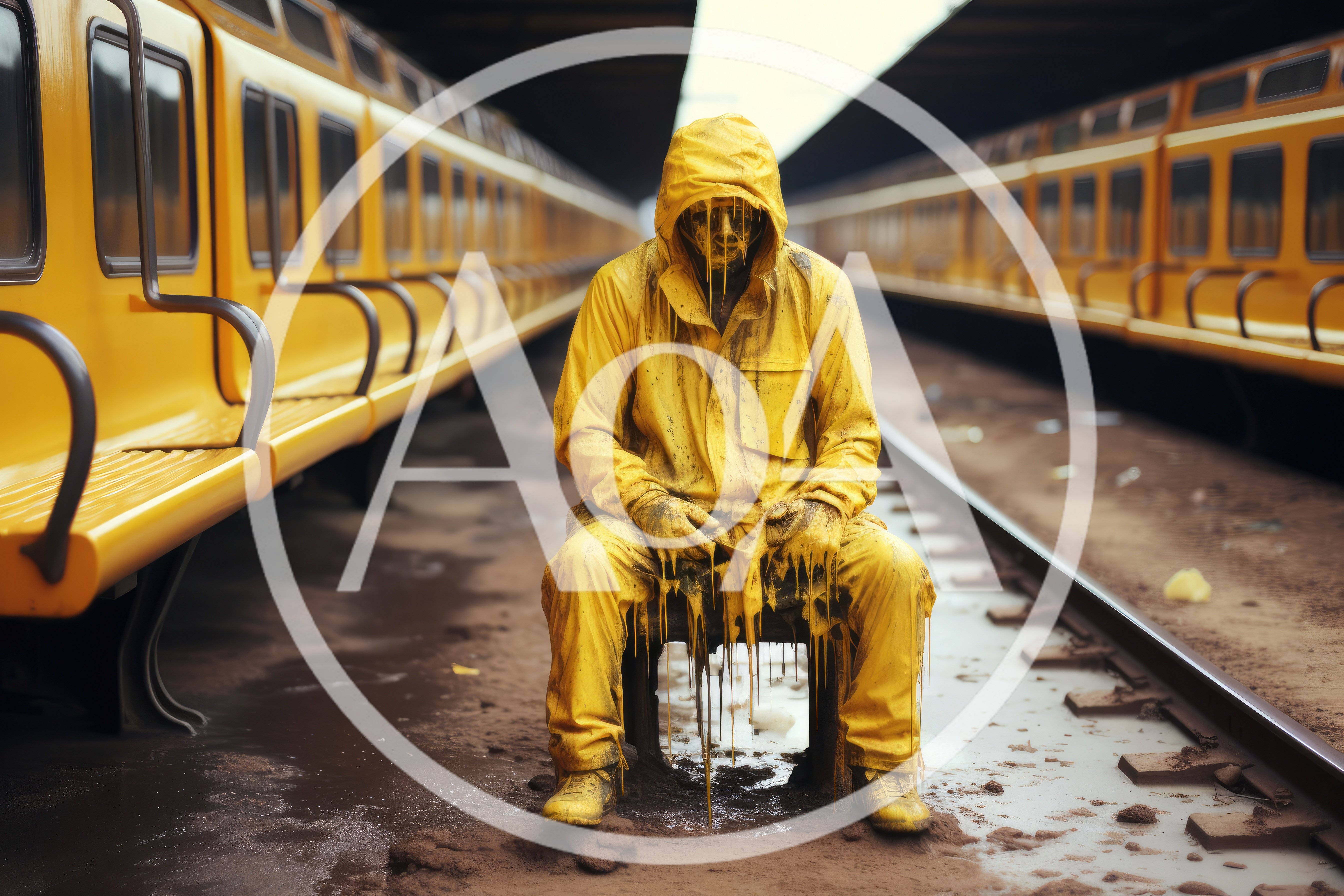 Person In Yellow Hazmat Suit Sitting On Train Tracks