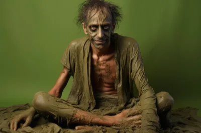 Swamp Creature Man Sitting On Green Background