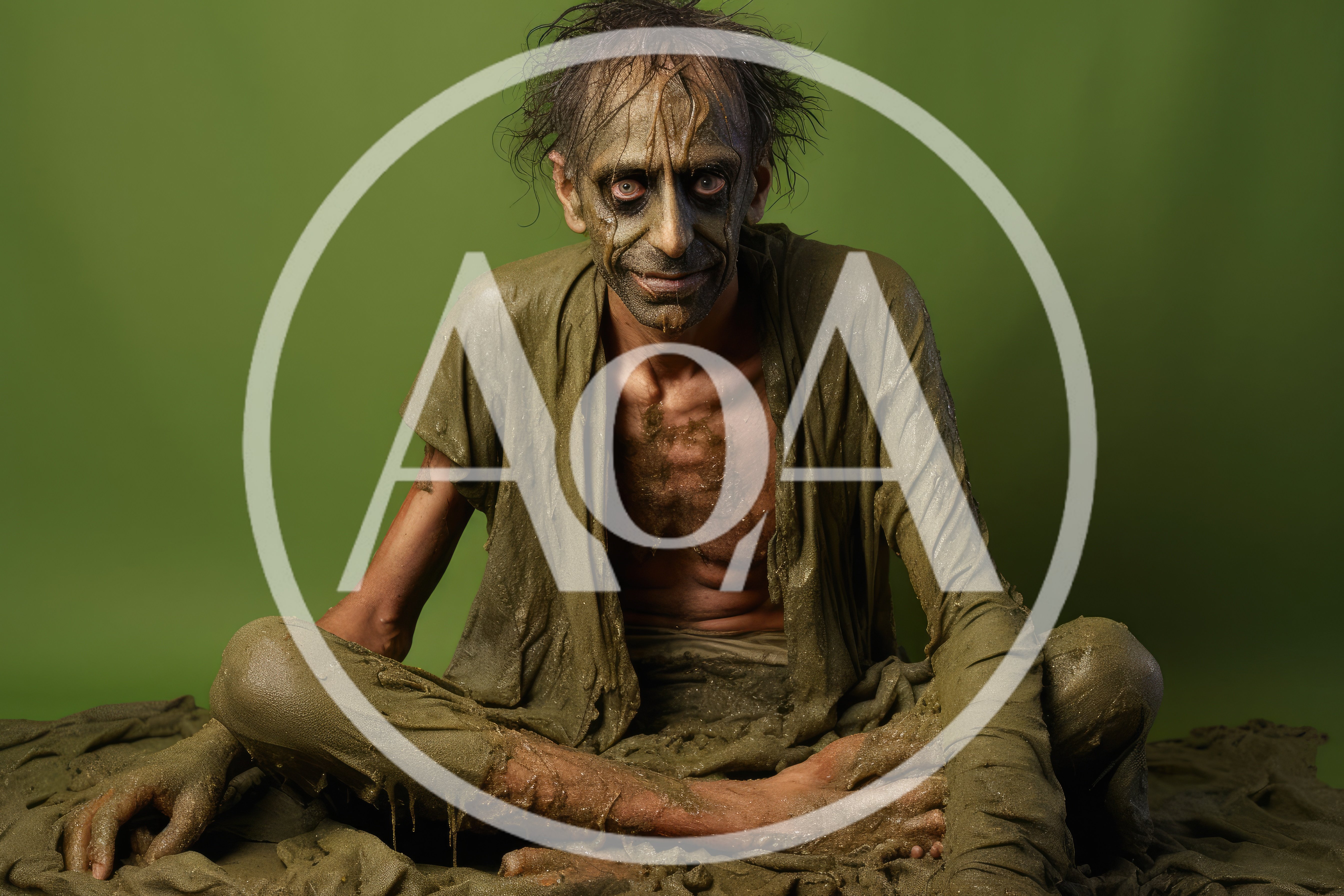 Swamp Creature Man Sitting On Green Background