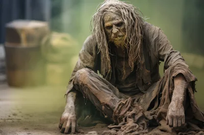 Distressed Zombie Character Sitting In Dusty Industrial Setting