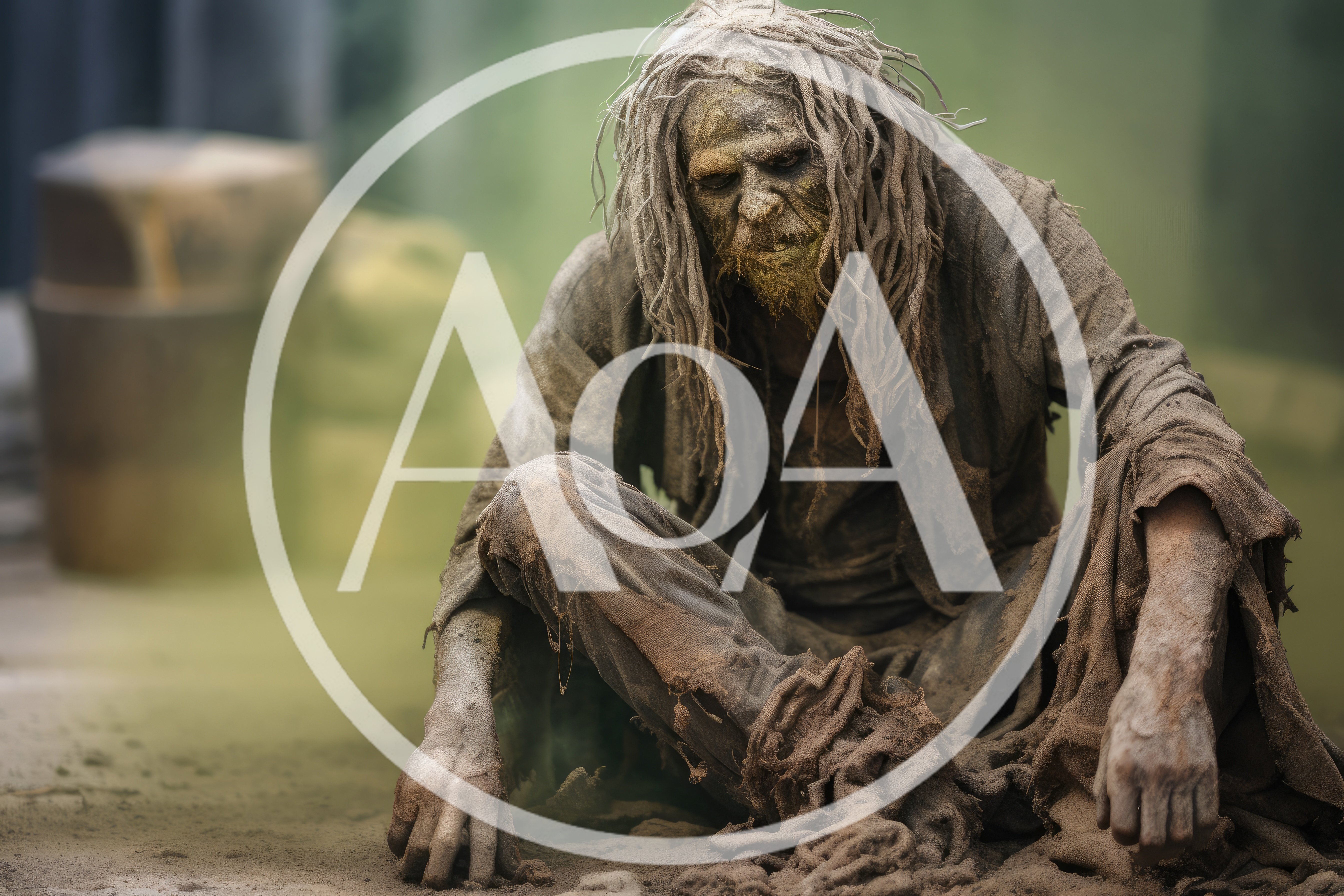 Distressed Zombie Character Sitting In Dusty Industrial Setting