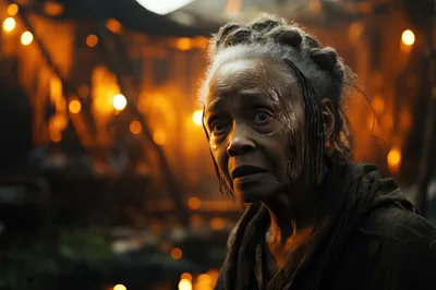 Elderly Woman With Concerned Expression In Firelit Setting
