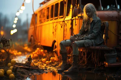 Post-Apocalyptic Survivor Sitting Near Abandoned Bus