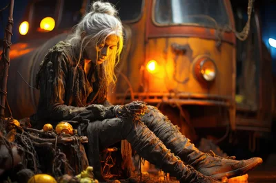 Post-Apocalyptic Survivor Sitting Near A Rusty Vehicle