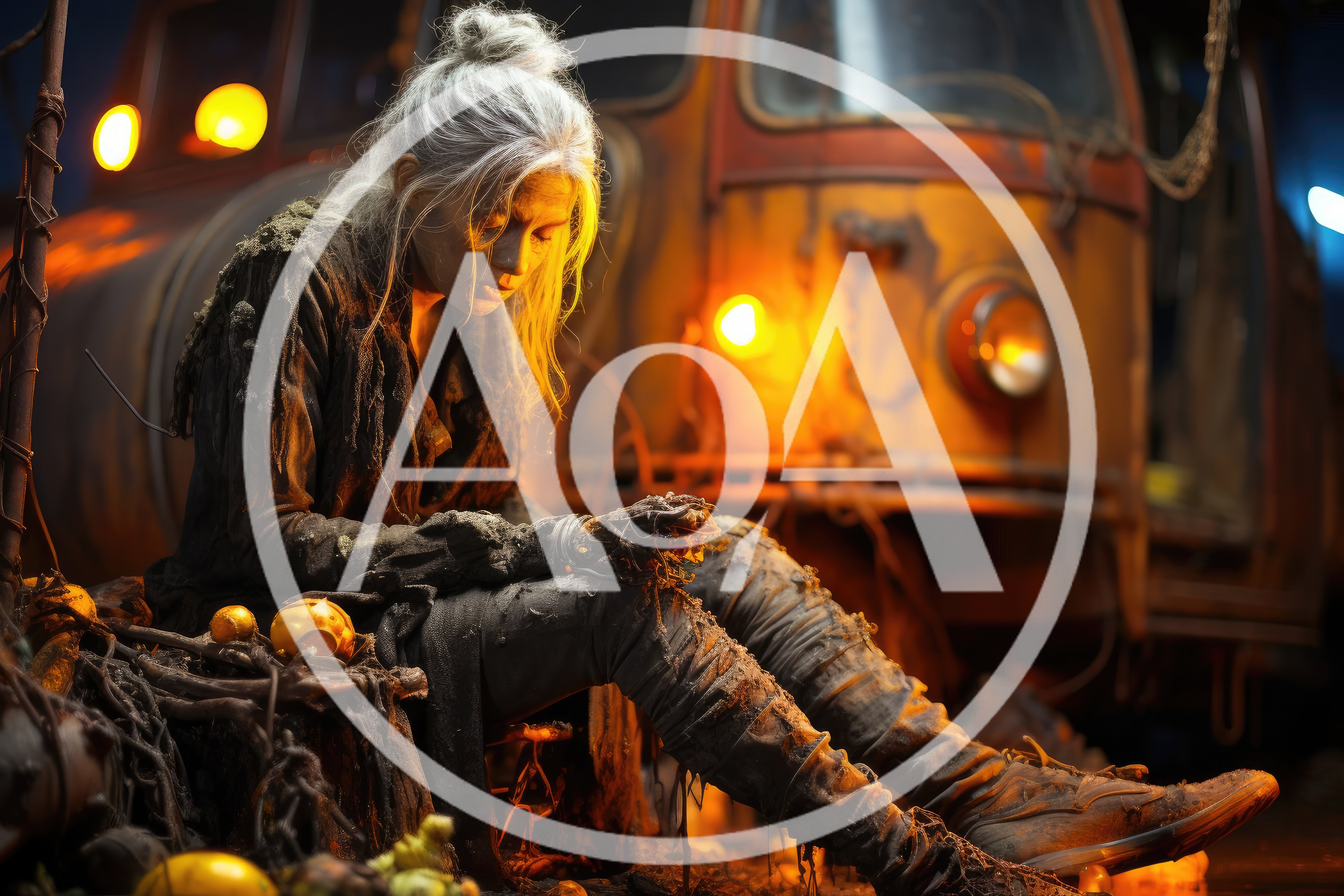 Post-Apocalyptic Survivor Sitting Near A Rusty Vehicle