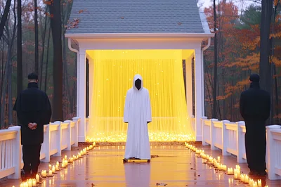 Mysterious Figure in White Robe Standing on Candlelit Bridge
