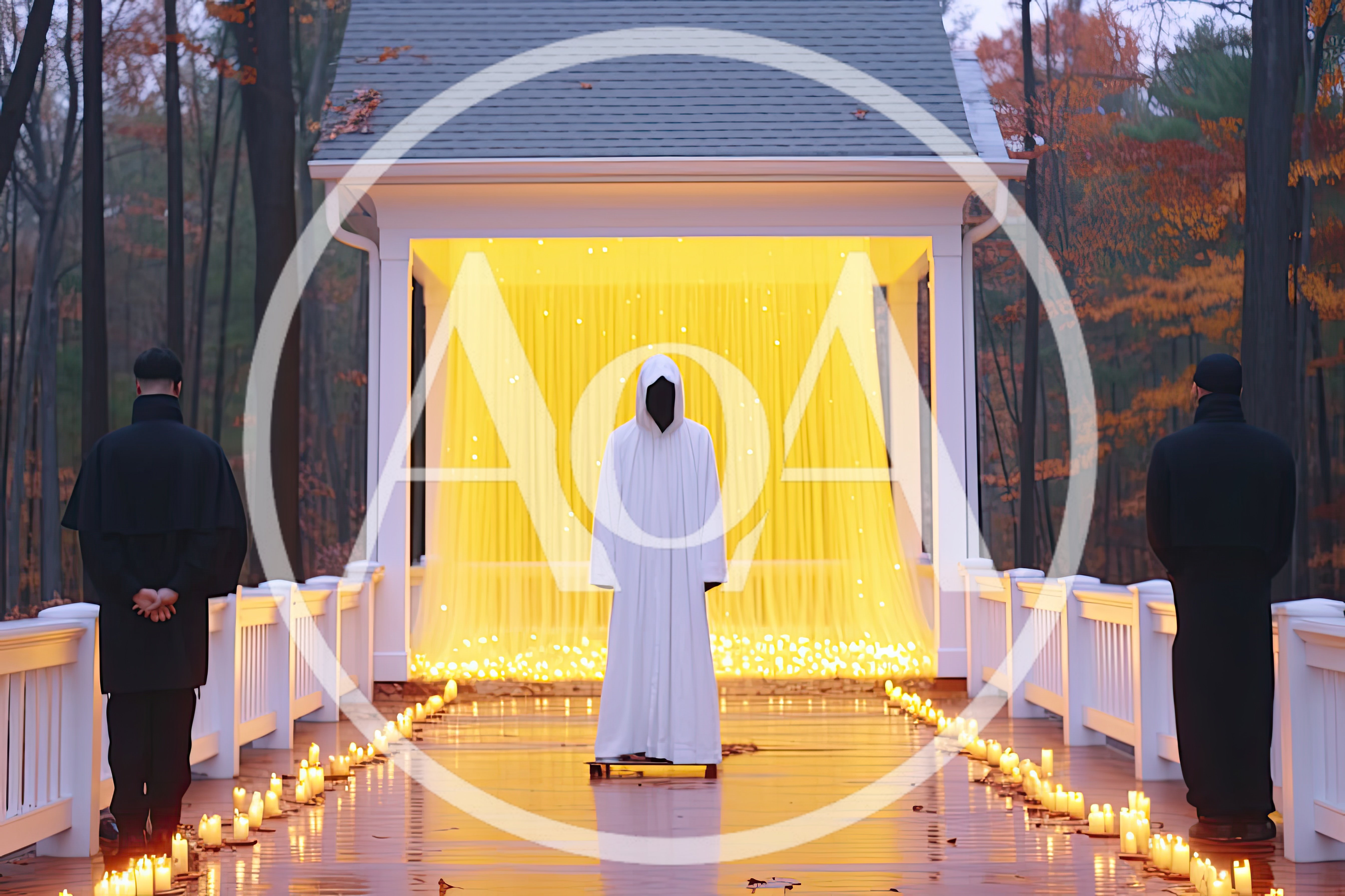 Mysterious Figure in White Robe Standing on Candlelit Bridge