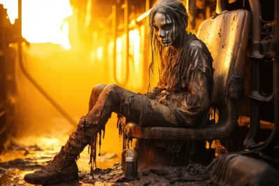 Distressed Woman Sitting In A Post-Apocalyptic Ruin