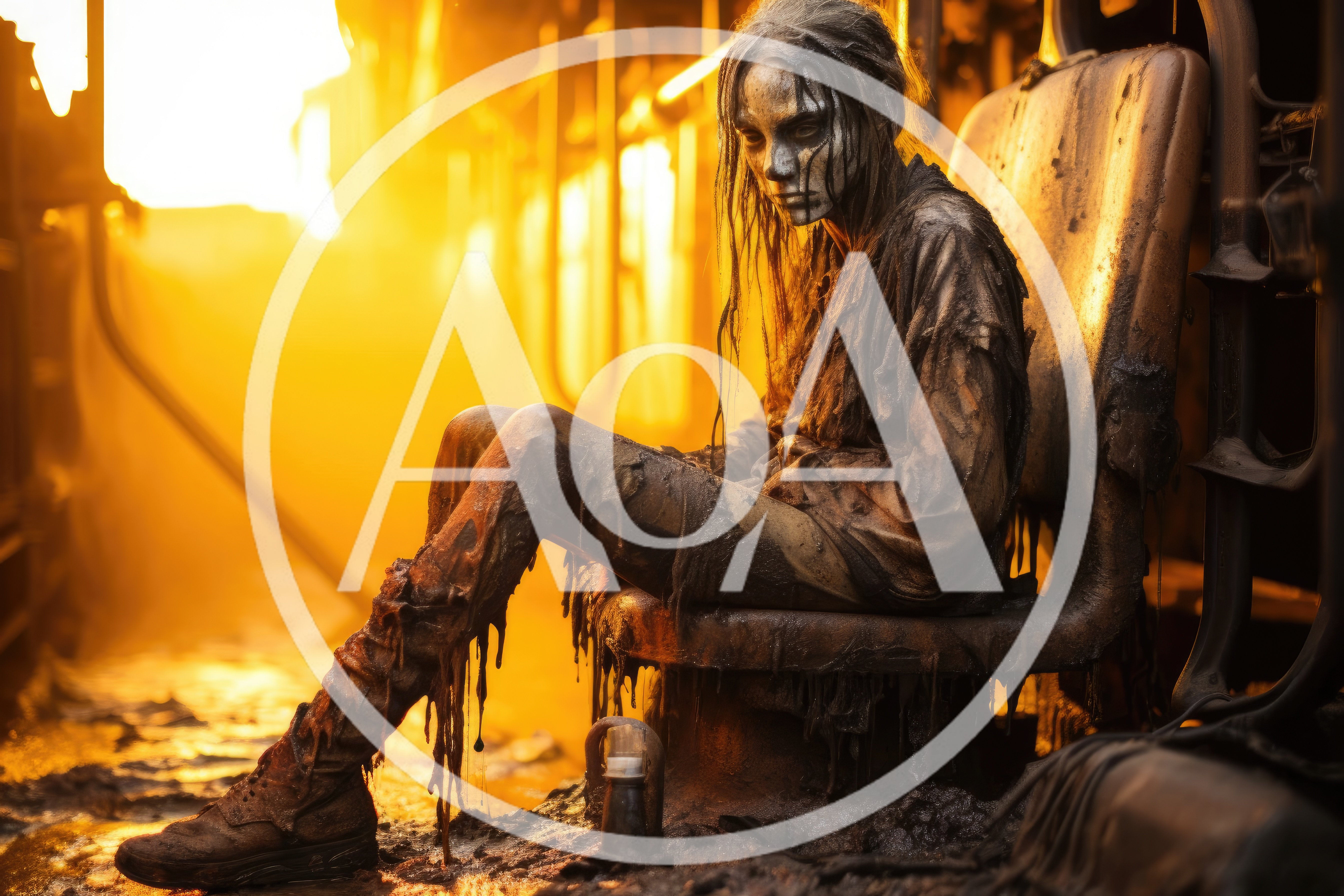 Distressed Woman Sitting In A Post-Apocalyptic Ruin