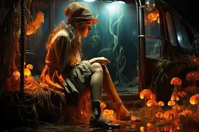 Young Woman Sitting In A Surreal Glowing Forest