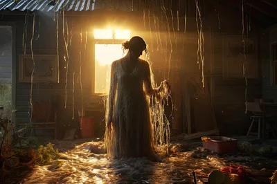 Ethereal Woman Standing In Flooded Dilapidated Room
