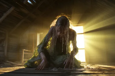 Eerie Woman In Wet Dress Kneeling In Attic