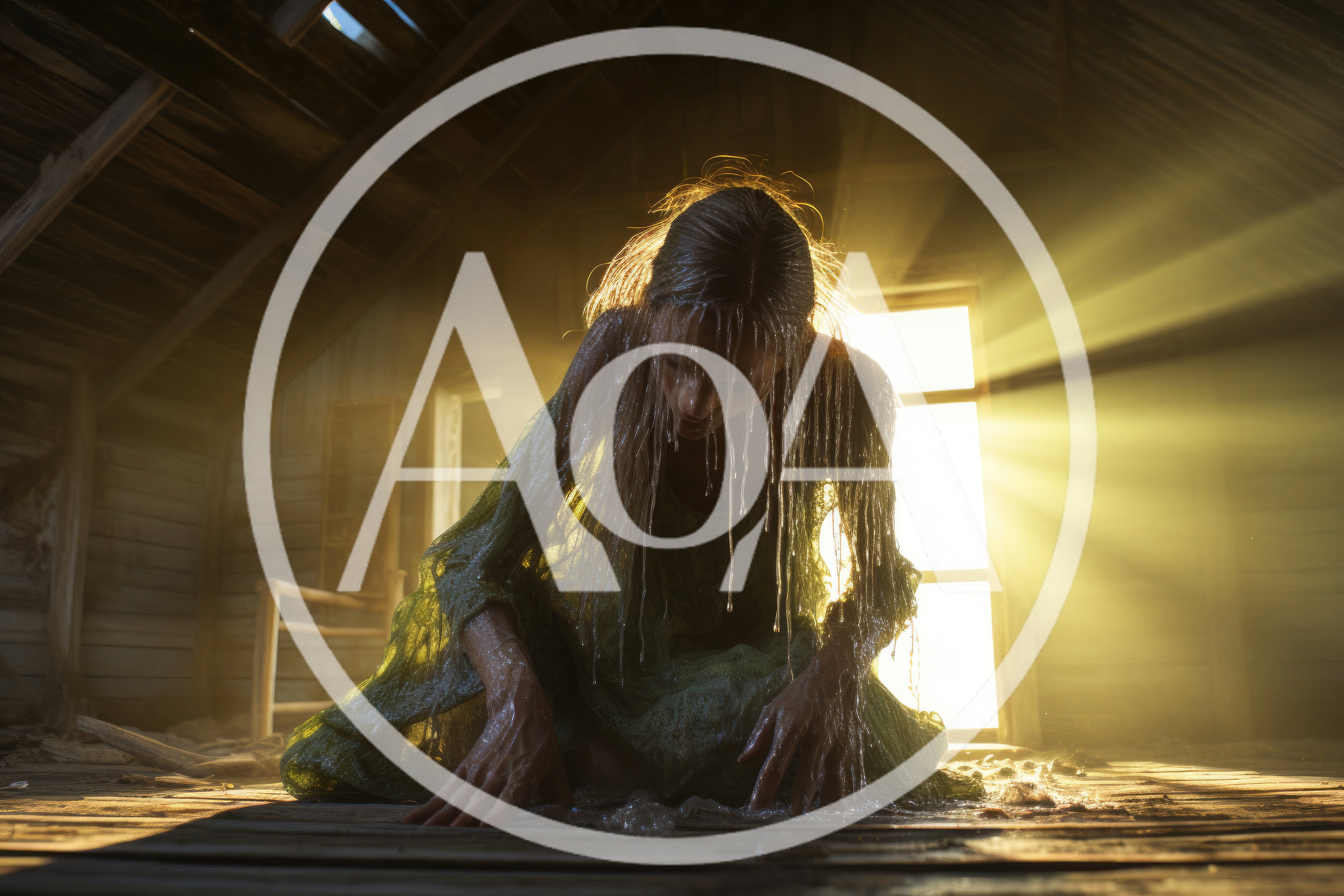 Eerie Woman In Wet Dress Kneeling In Attic