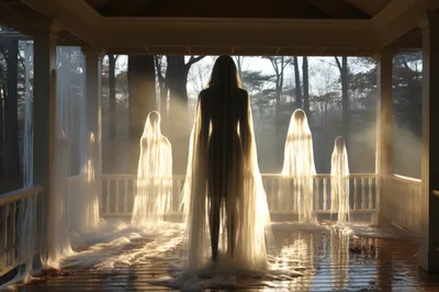 Ethereal Ghostly Figures Standing On A Porch