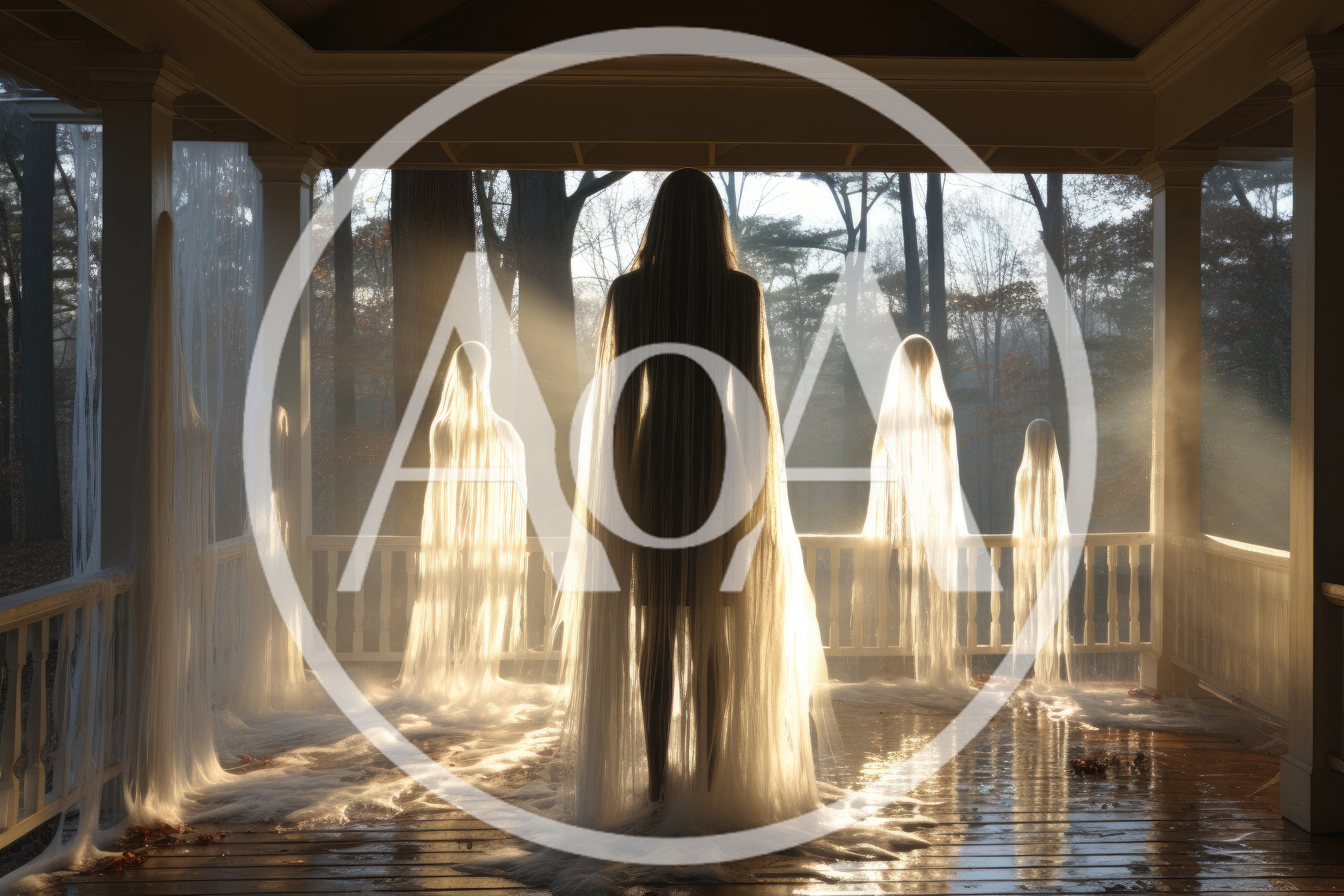 Ethereal Ghostly Figures Standing On A Porch