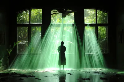 Silhouette Of A Woman Standing In Green Light