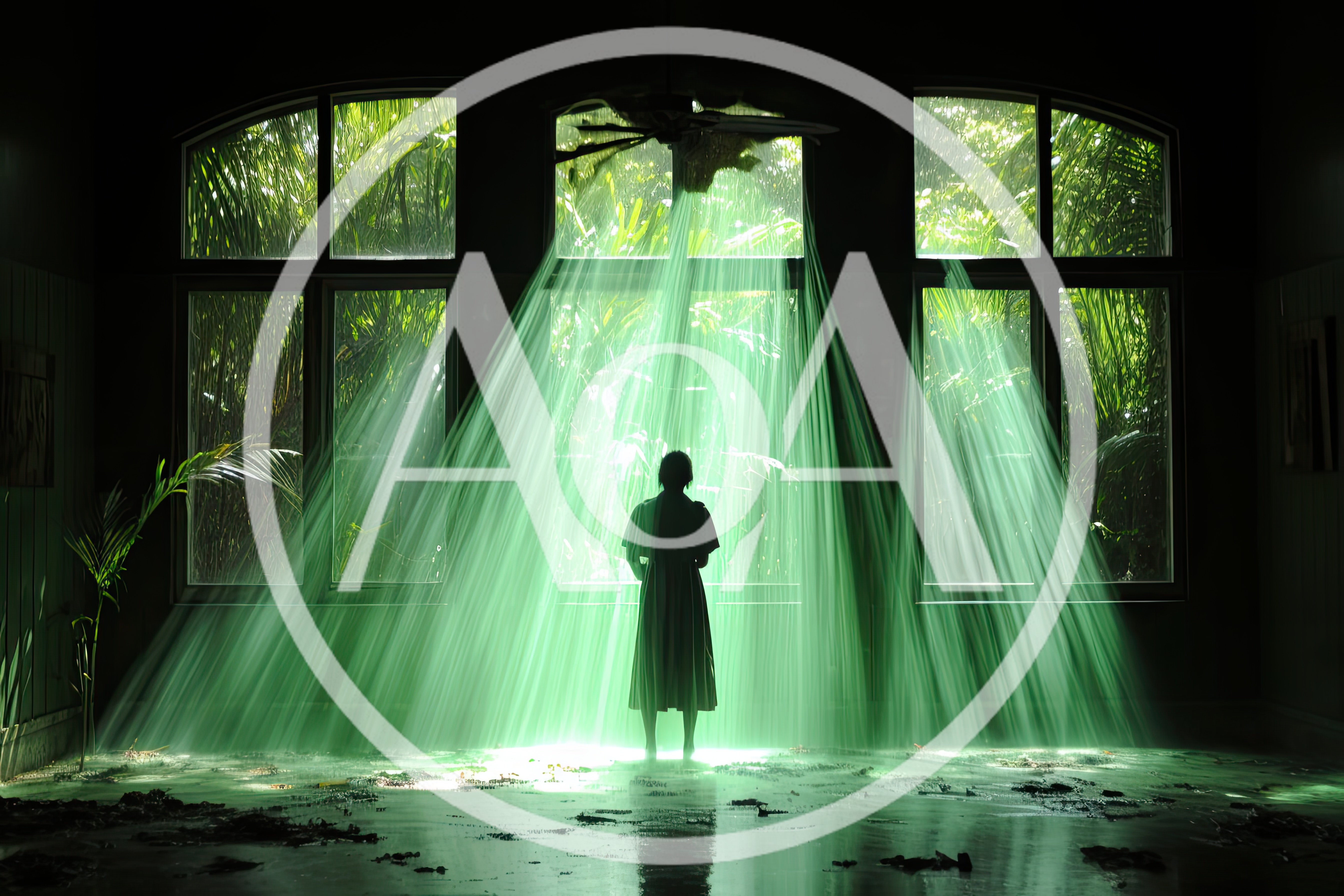 Silhouette Of A Woman Standing In Green Light