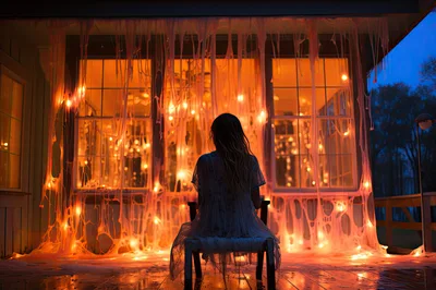 Woman Sitting Alone On Porch Decorated With Halloween Cobwebs