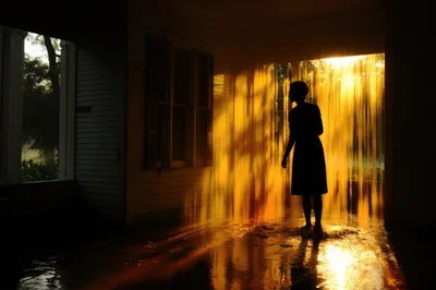 Silhouette Of A Woman Standing In A Golden Rainstorm