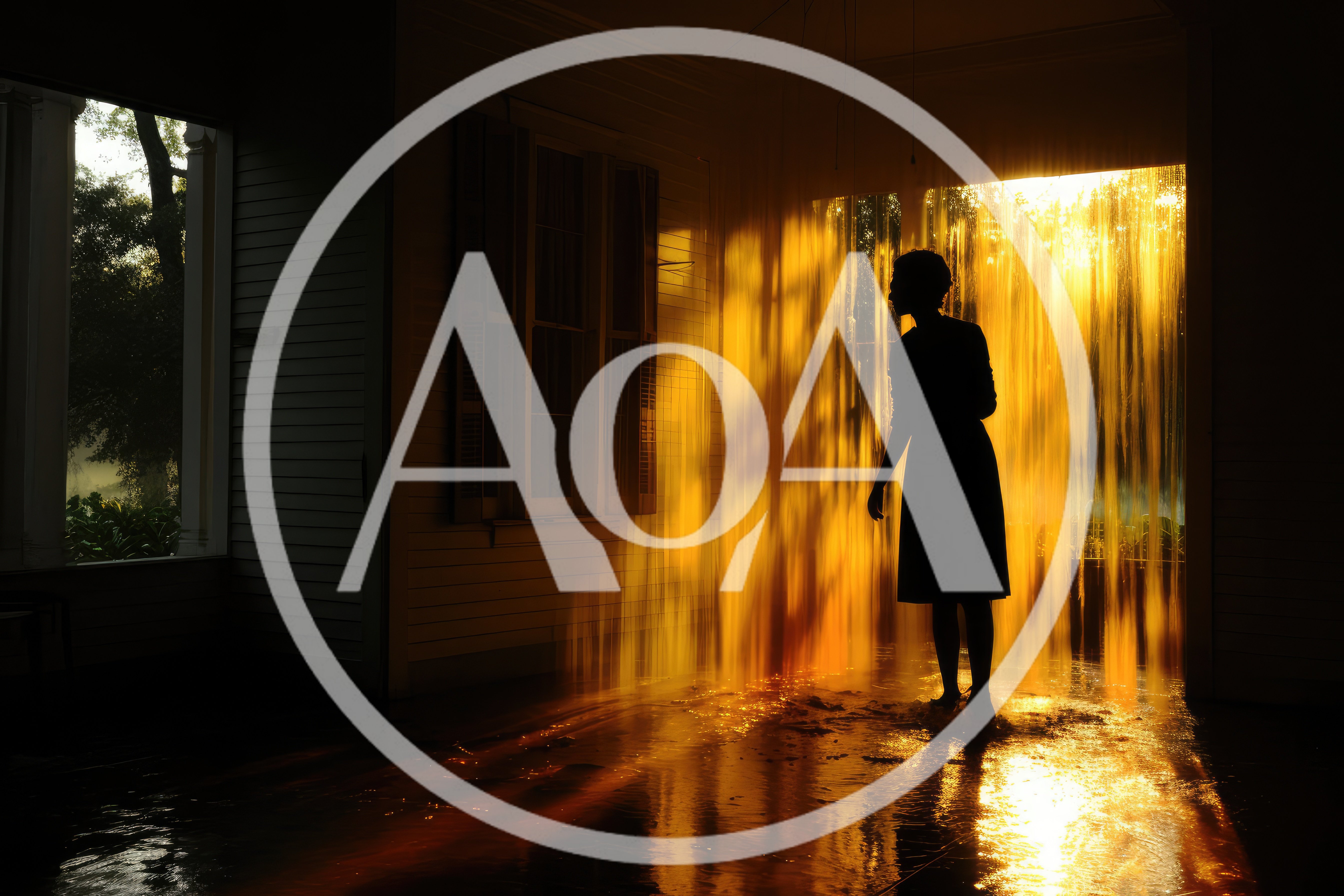Silhouette Of A Woman Standing In A Golden Rainstorm