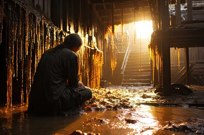 Person Crouching In A Flooded Dilapidated Building