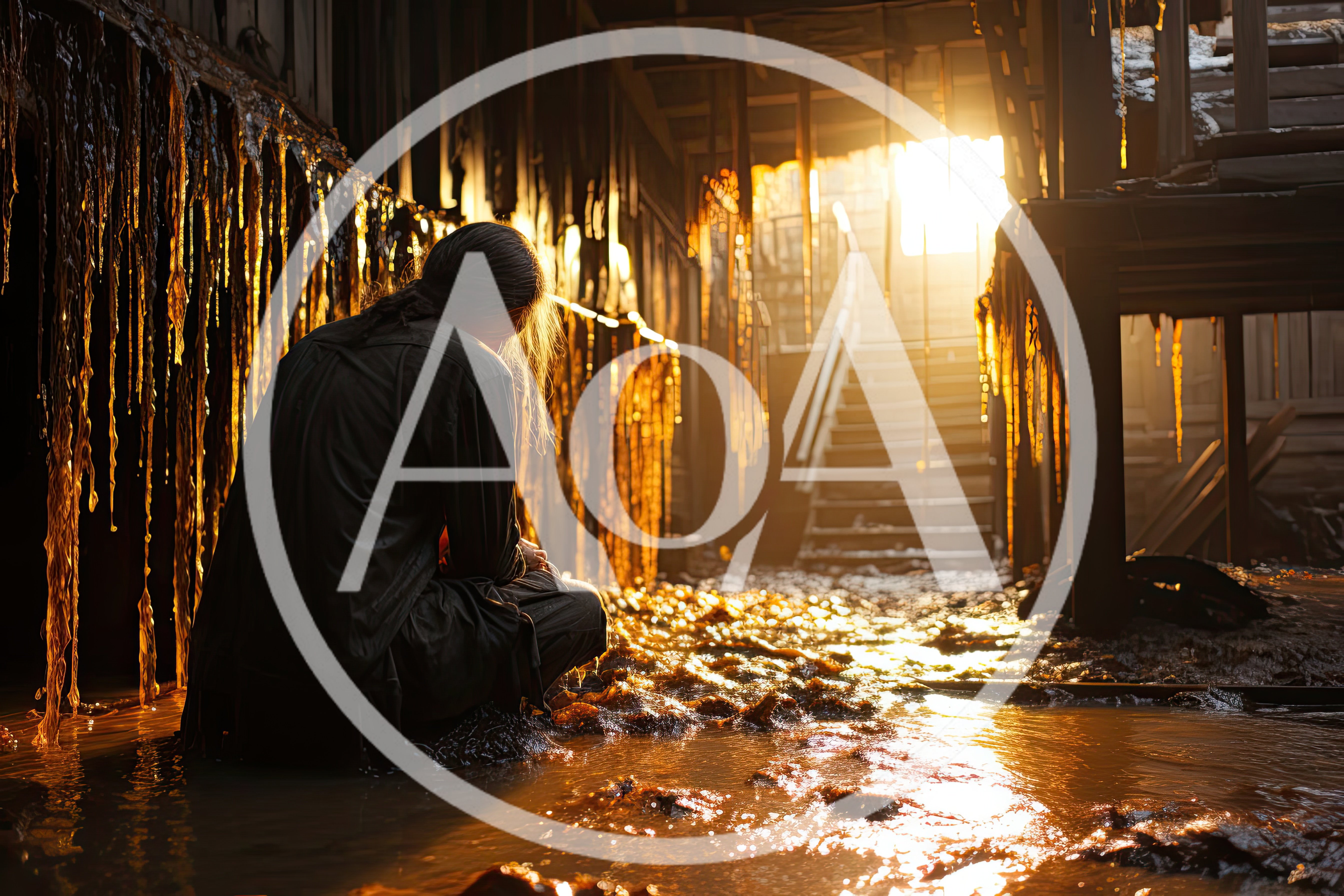 Person Crouching In A Flooded Dilapidated Building