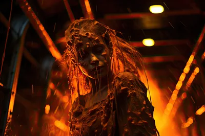 Eerie Woman Covered In Viscous Substance Under Warm Lights