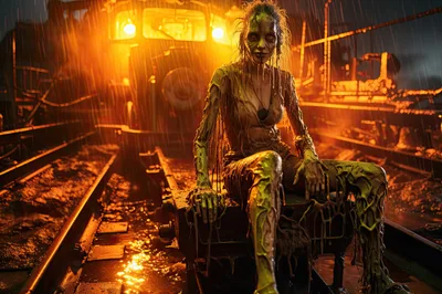 Horror Zombie Woman Sitting On Industrial Train Tracks