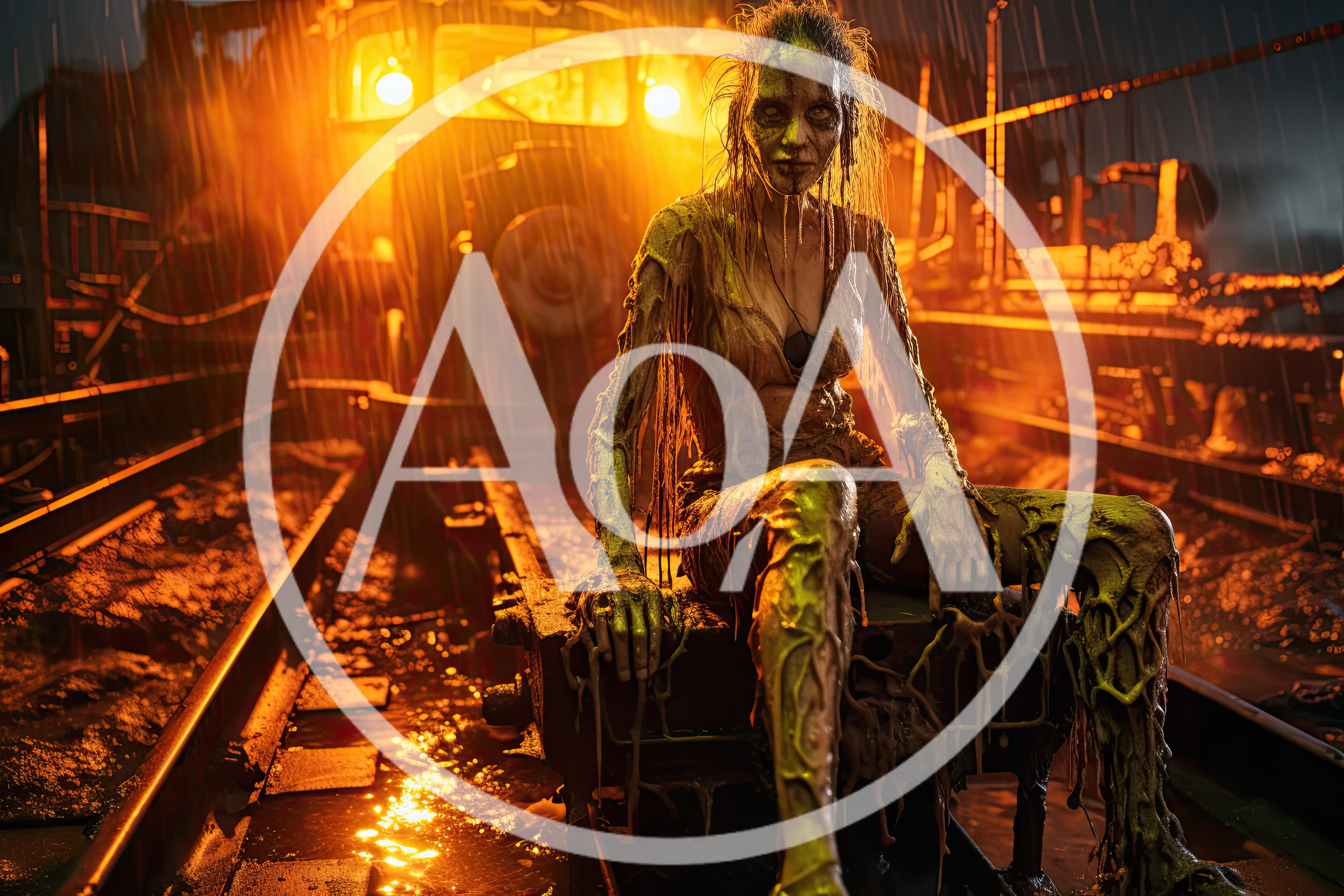 Horror Zombie Woman Sitting On Industrial Train Tracks