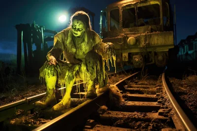 Creepy Zombie Figure Crouching on Abandoned Train Tracks