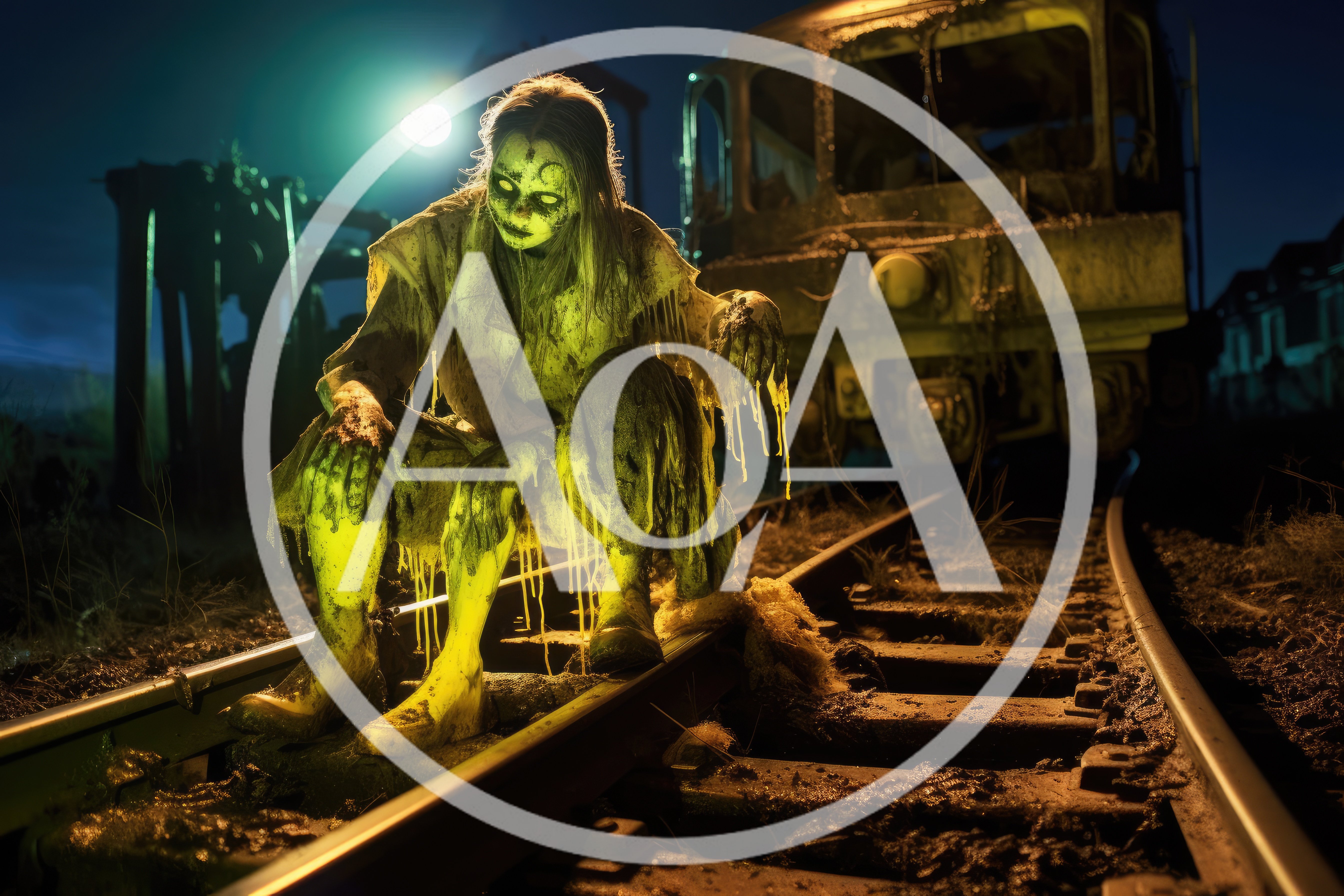 Creepy Zombie Figure Crouching on Abandoned Train Tracks