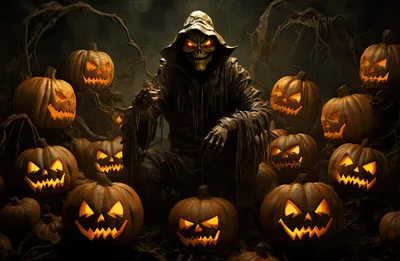 Grim Reaper Figure Surrounded By Glowing Jack O Lanterns