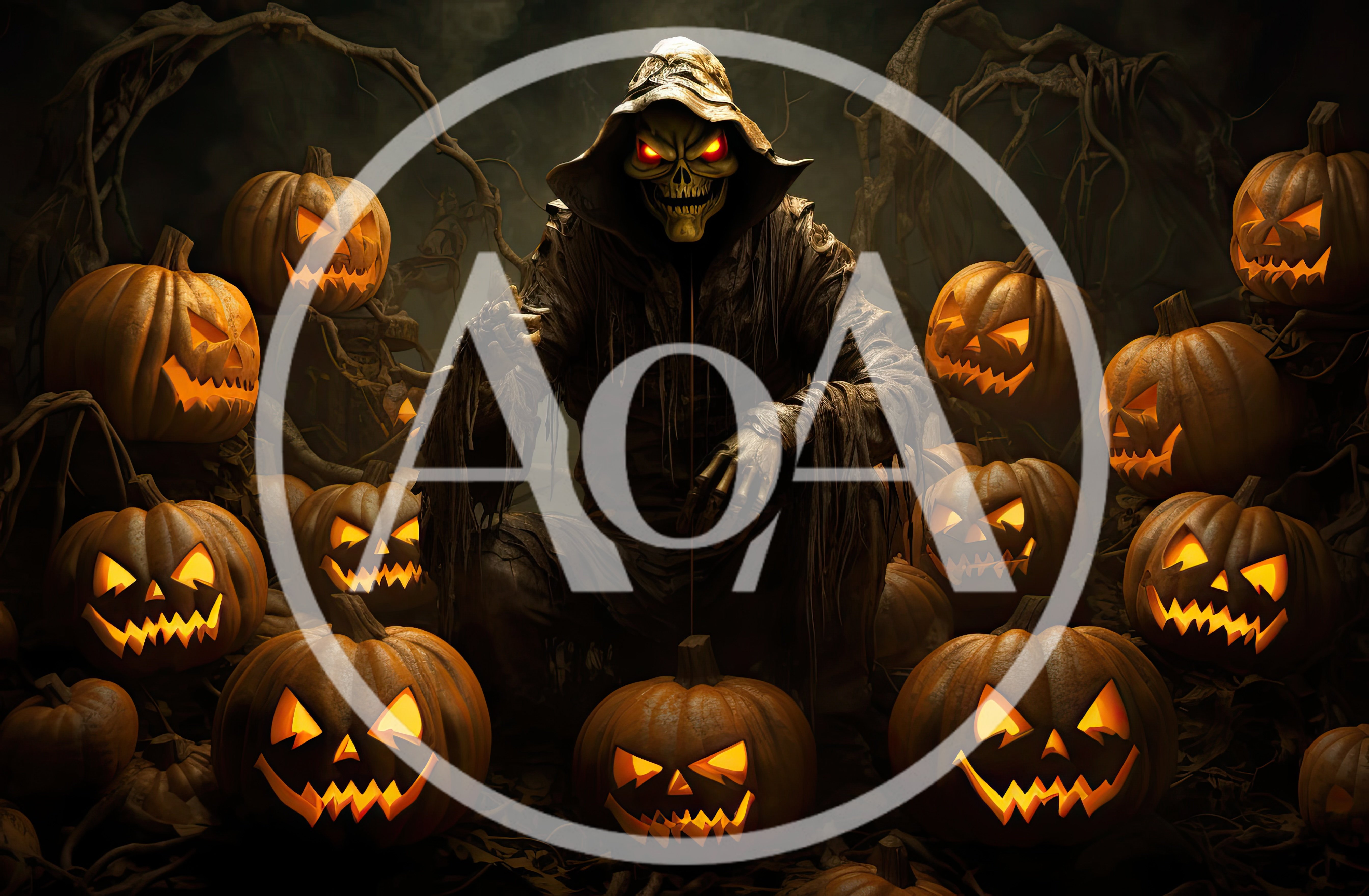 Grim Reaper Figure Surrounded By Glowing Jack O Lanterns