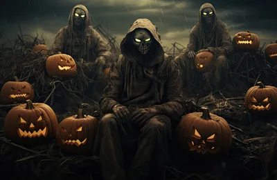 Three Hooded Skeleton Figures Sitting Among Glowing Jack O Lanterns