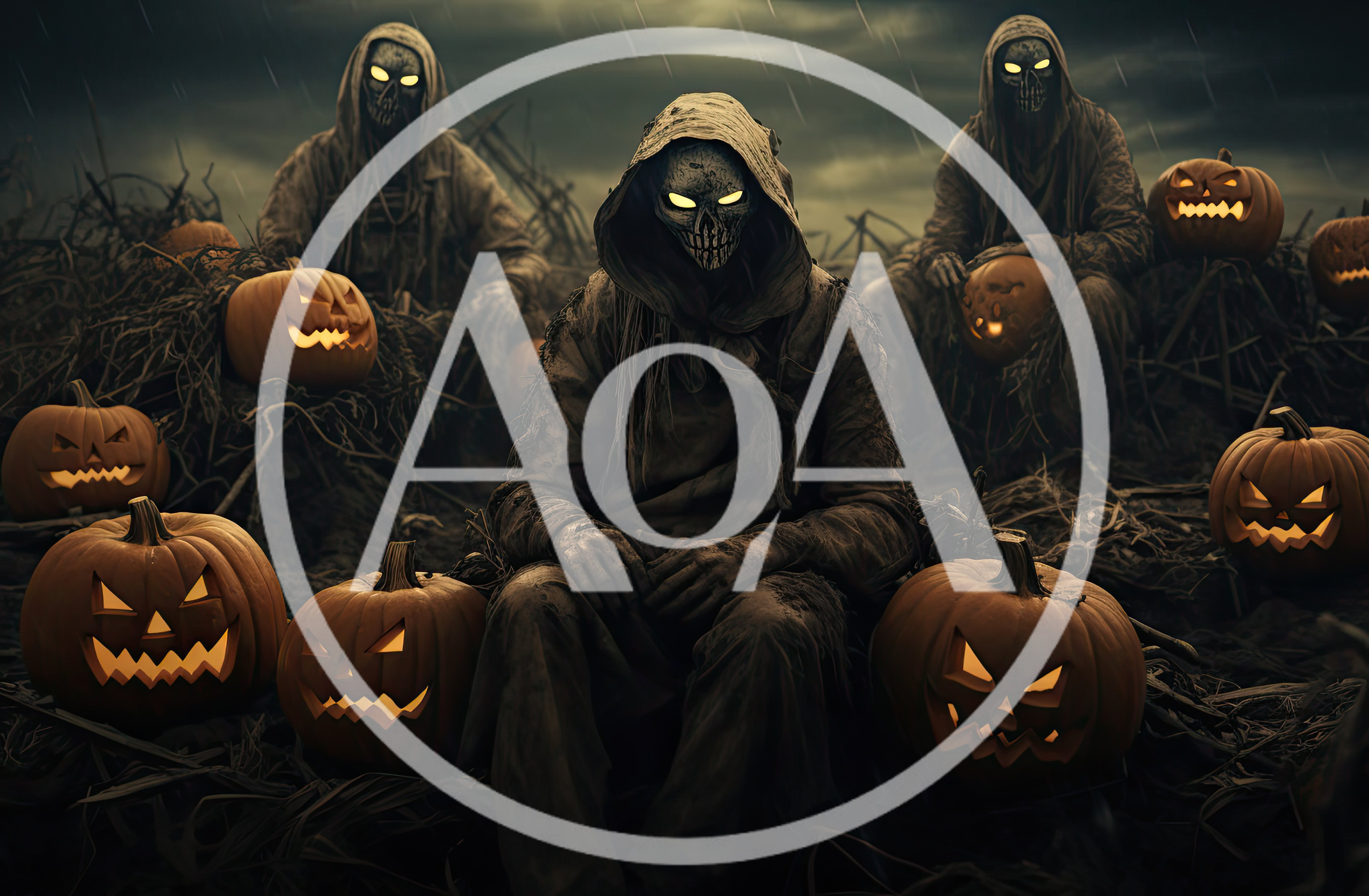 Three Hooded Skeleton Figures Sitting Among Glowing Jack O Lanterns