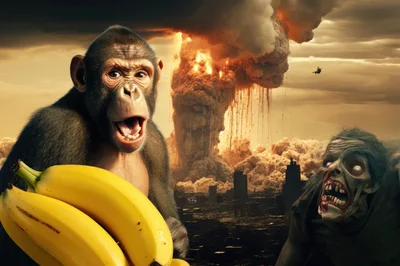 Chimpanzee Holding Bananas Before A Nuclear City Explosion
