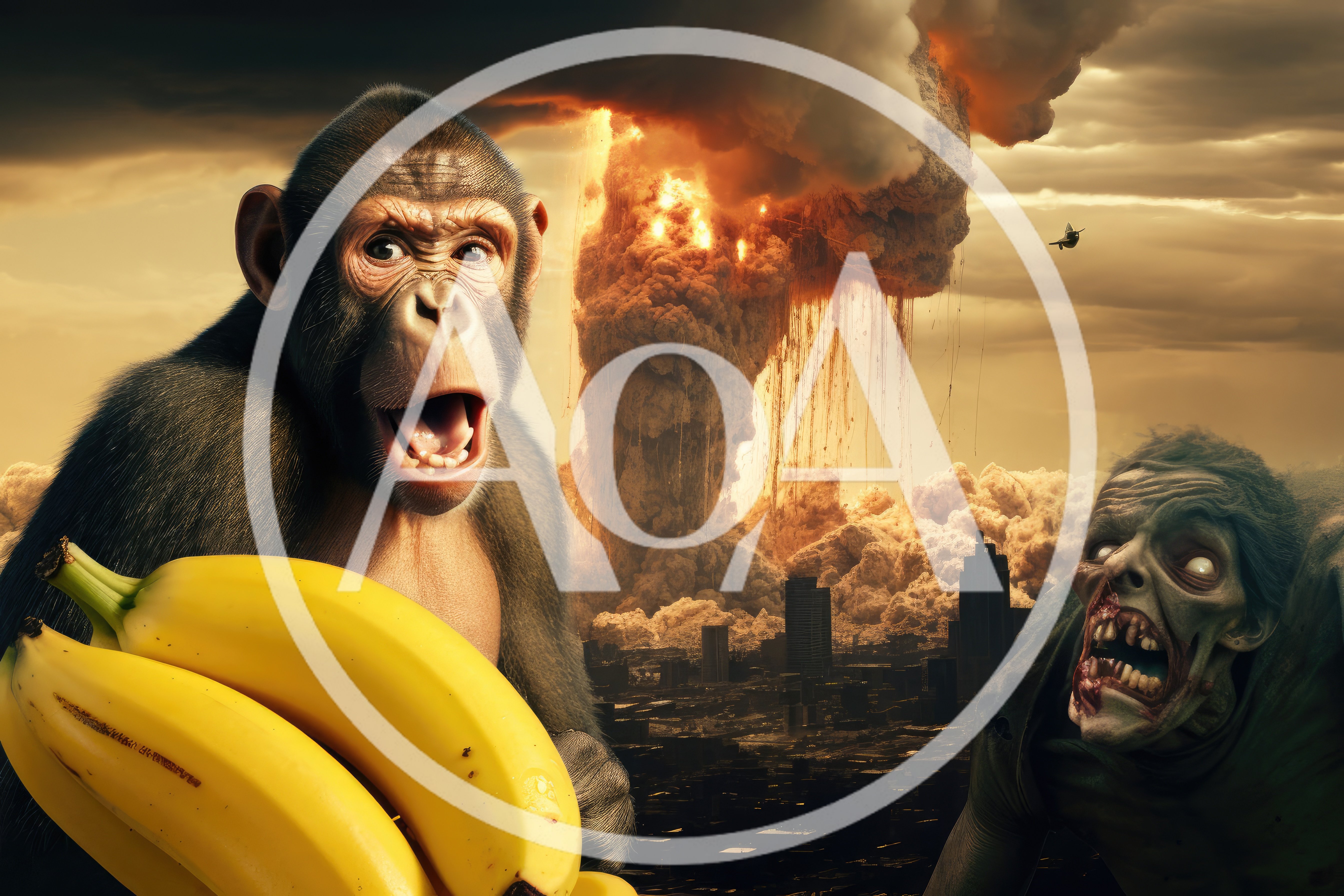 Chimpanzee Holding Bananas Before A Nuclear City Explosion