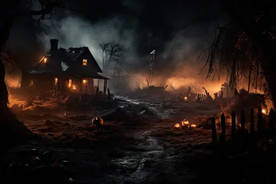 Spooky Haunted House With Glowing Pumpkins At Night