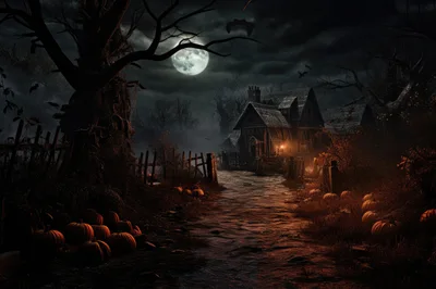 Spooky Haunted House With Pumpkins Under Full Moon