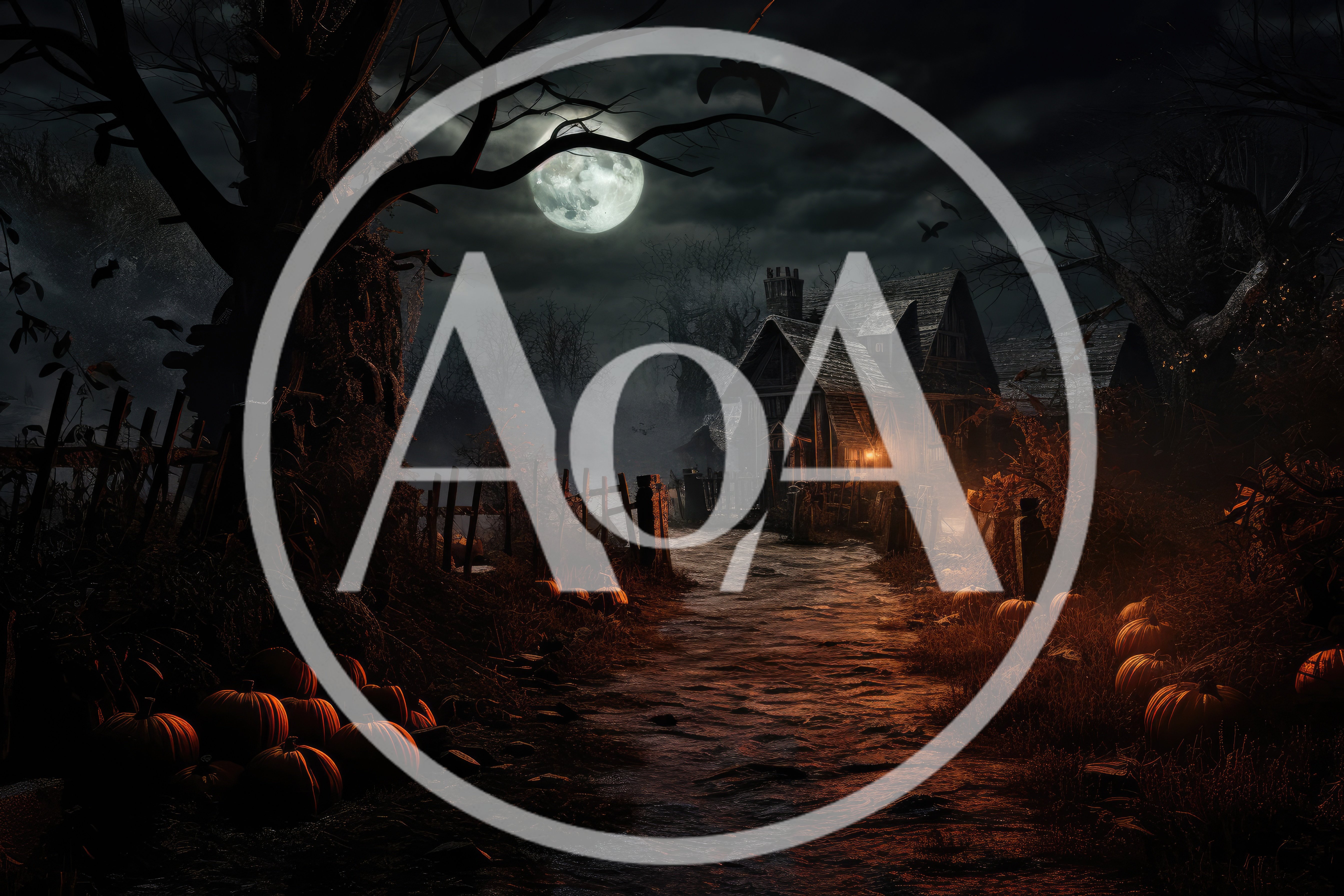 Spooky Haunted House With Pumpkins Under Full Moon