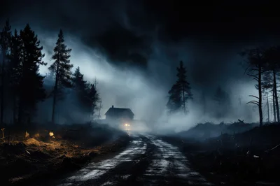 Eerie House At Night In A Foggy Forest