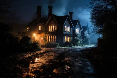 Haunted Victorian Mansion At Night With Foggy Atmosphere