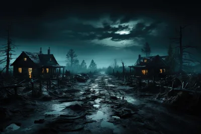 Abandoned Wooden Houses On A Dark Muddy Road