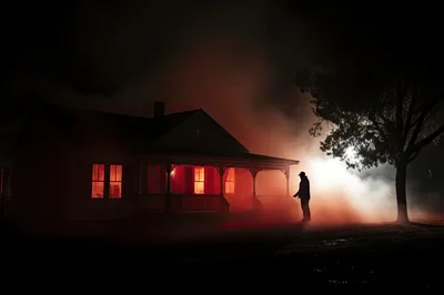 Silhouette Of A Man Standing Before A Haunted House