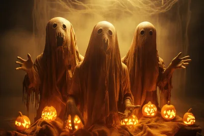 Three Spooky Ghosts With Glowing Jack O Lanterns